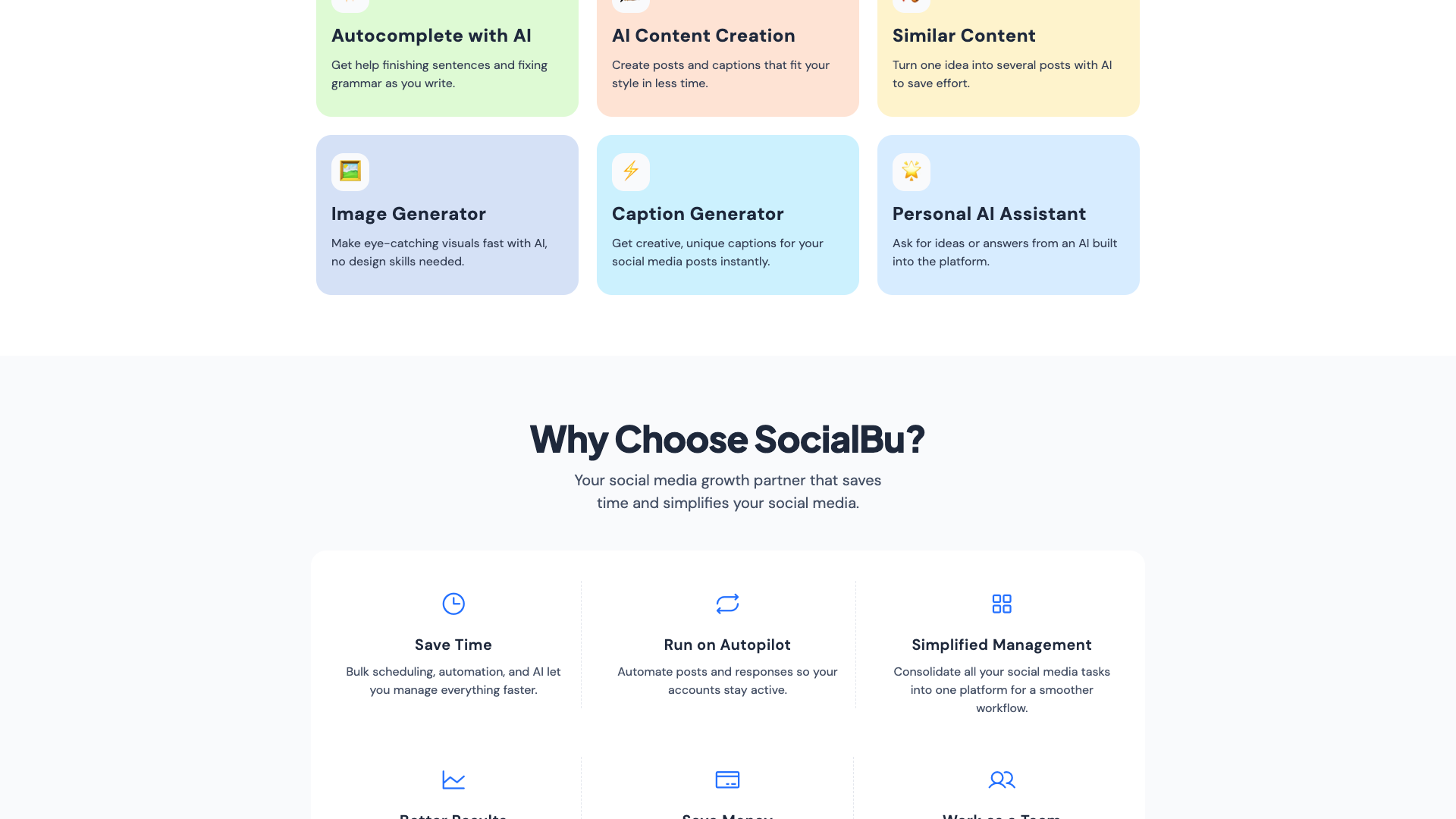 AI tools section on homepage showcasing content generation features
