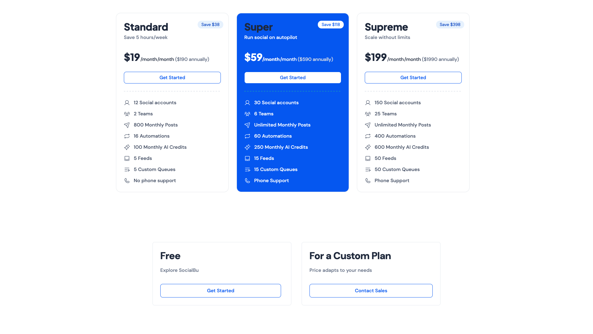 Pricing table showing plans