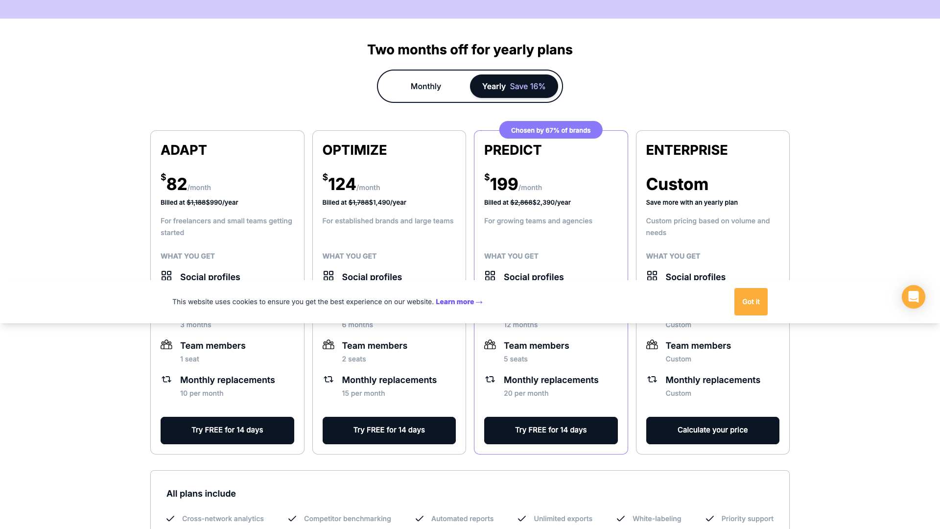 Pricing table showing plans
