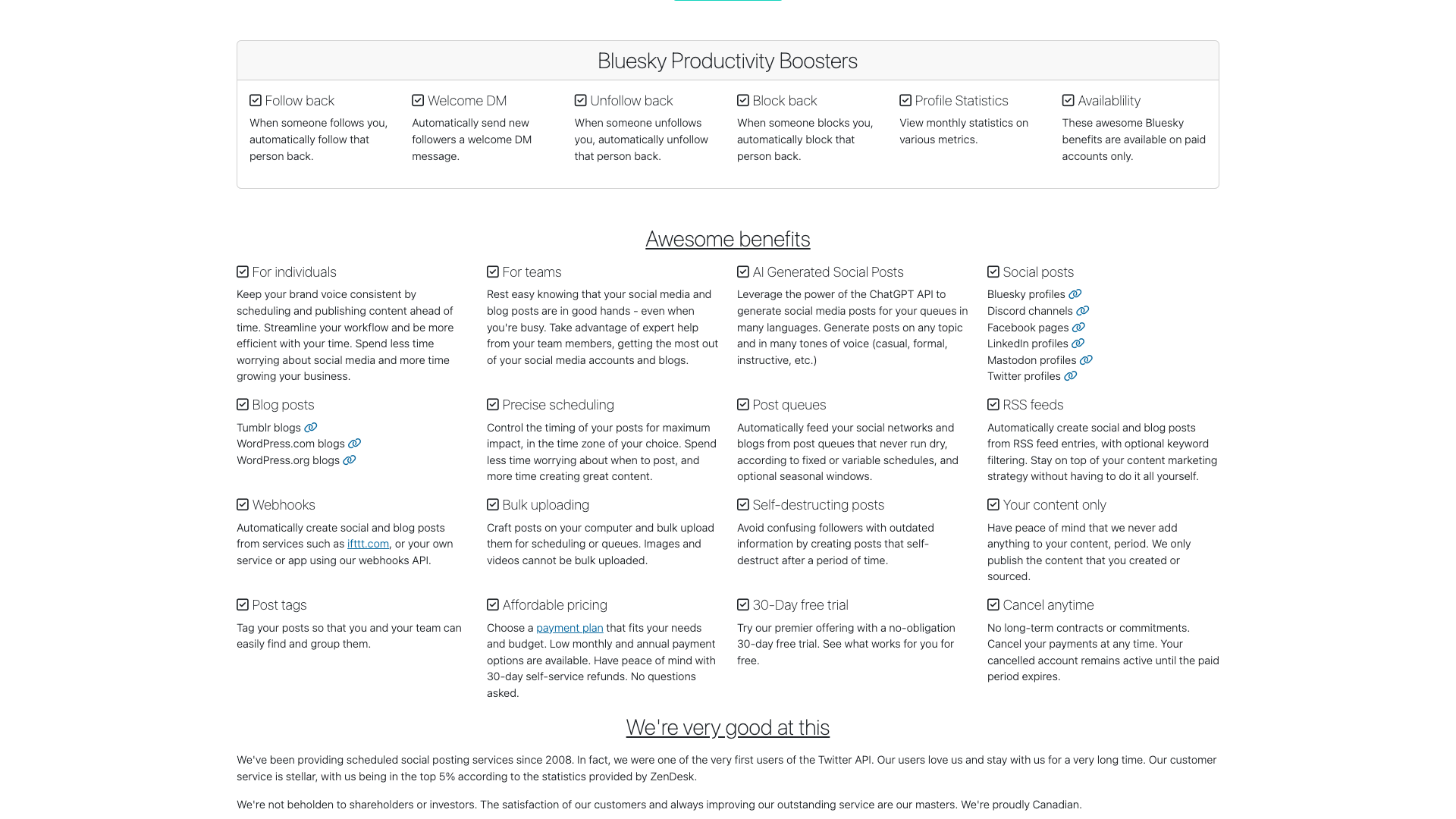 Automation features section on homepage showcasing RSS feeds and webhooks