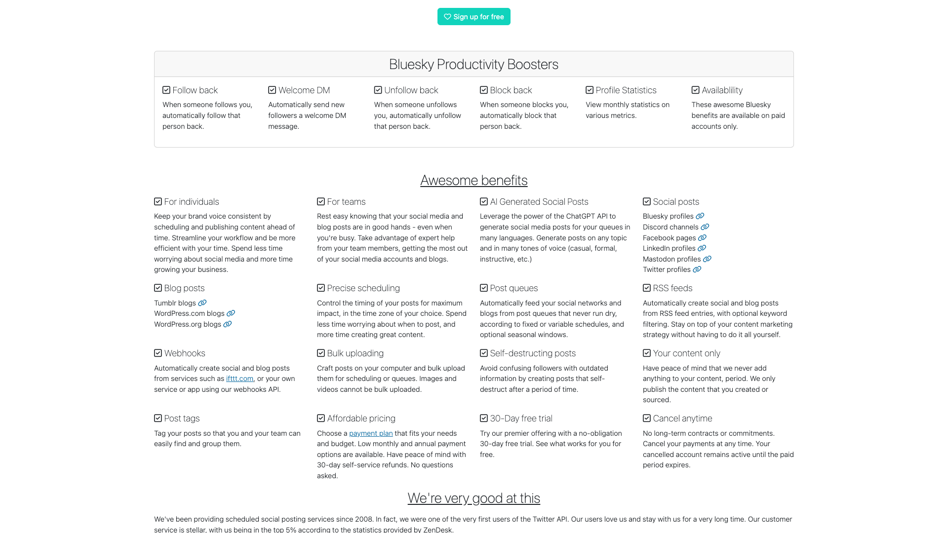 AI-generated social posts section on homepage detailing ChatGPT API integration