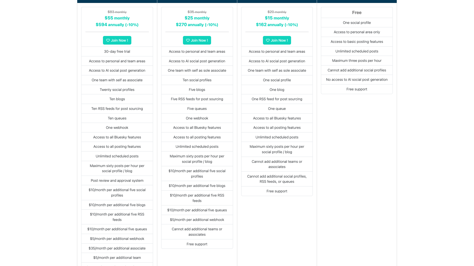 Pricing page showing different plans for SocialOomph