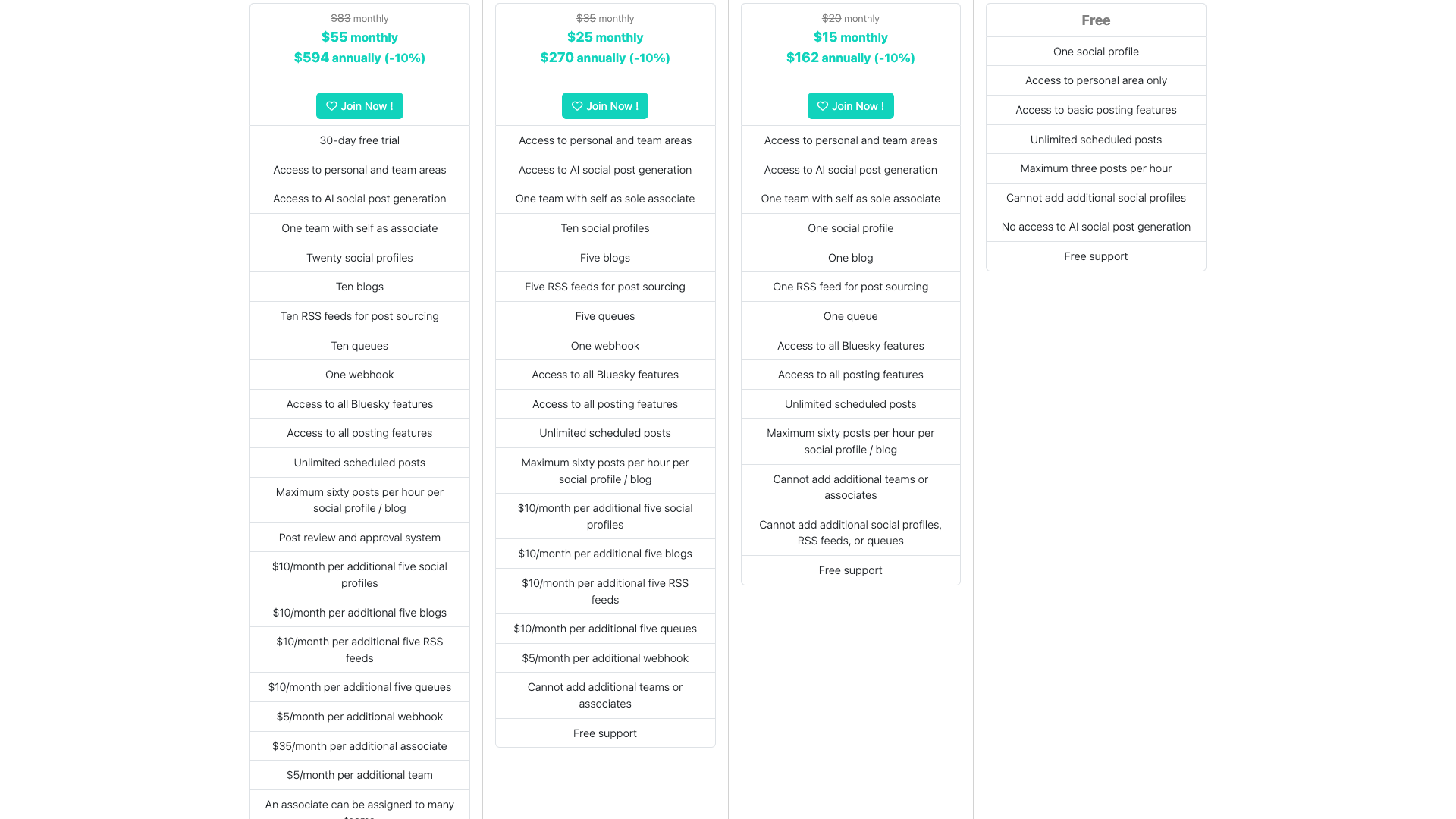 Pricing table showing plans