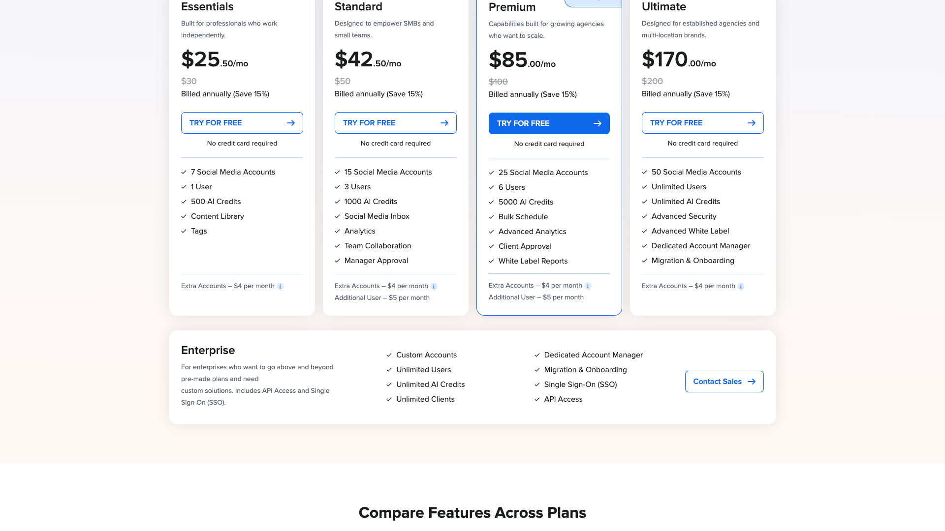 Pricing table showing plans