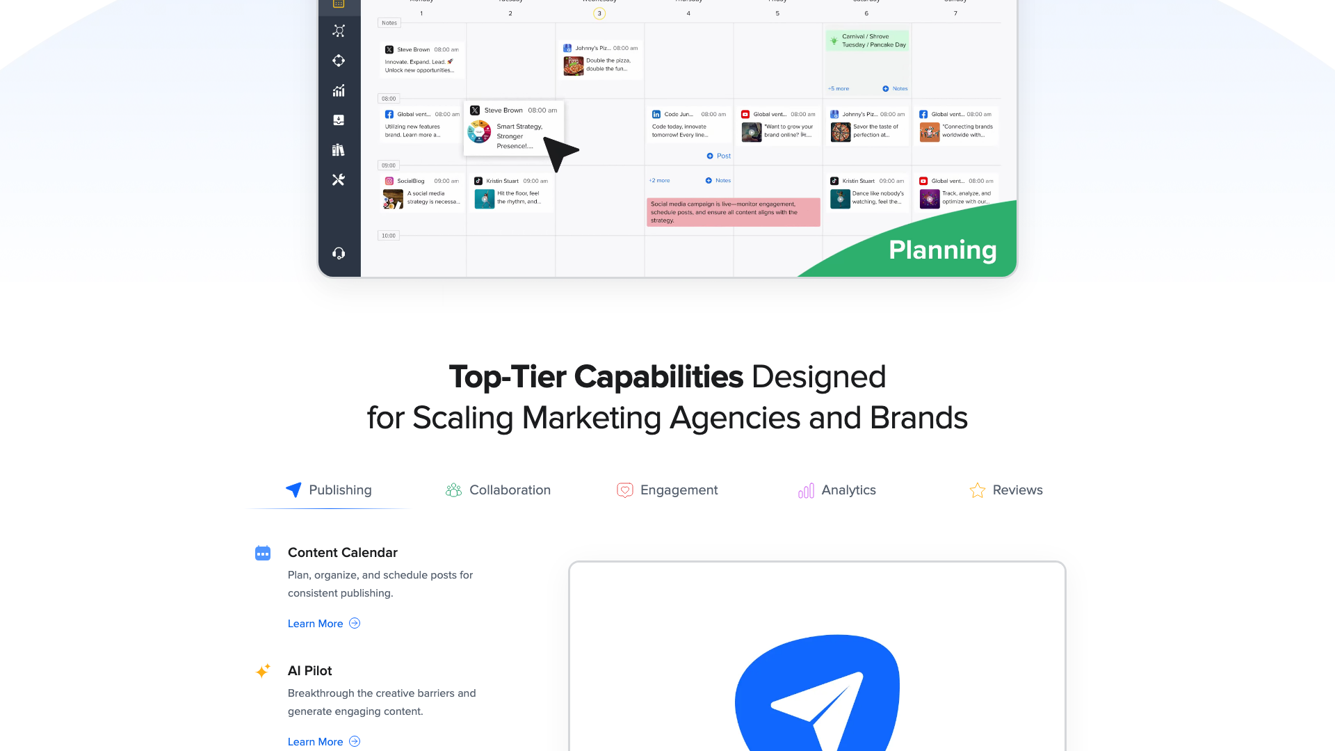 AI Pilot section on homepage illustrating content generation capabilities