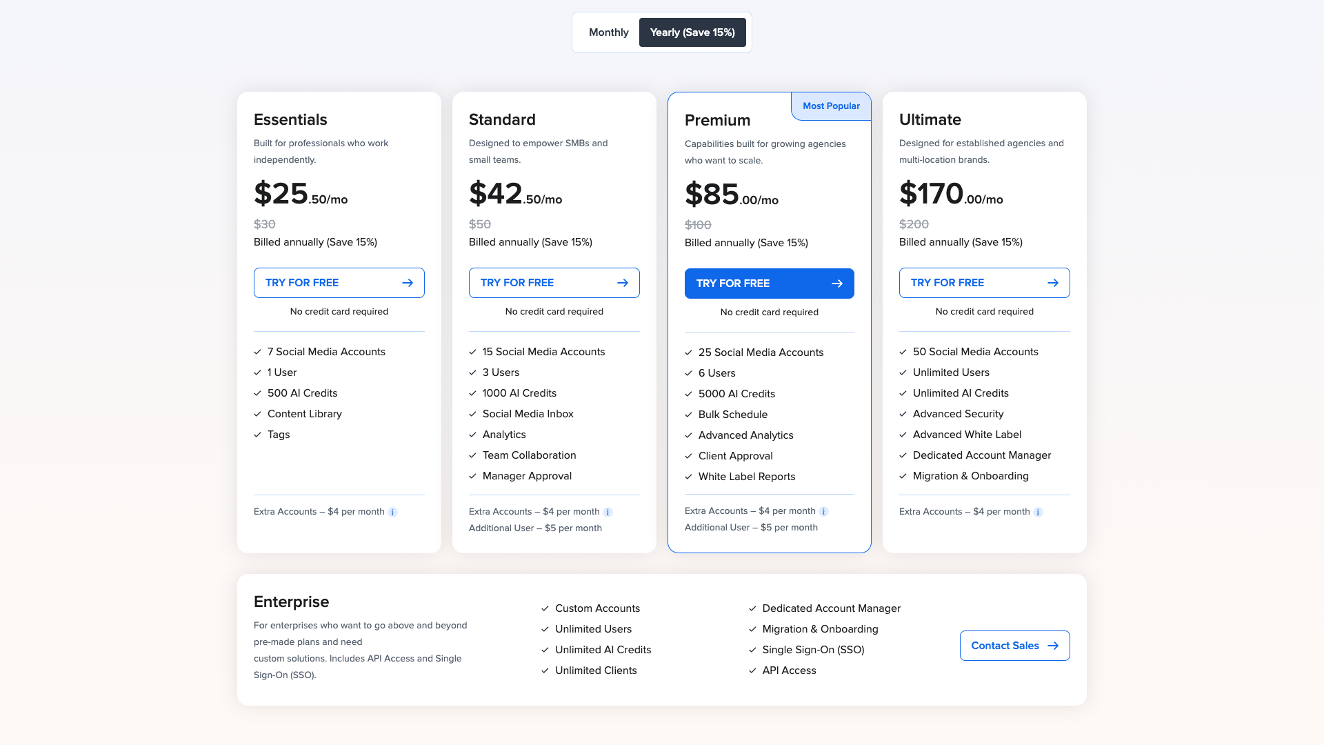 Pricing table showing plans