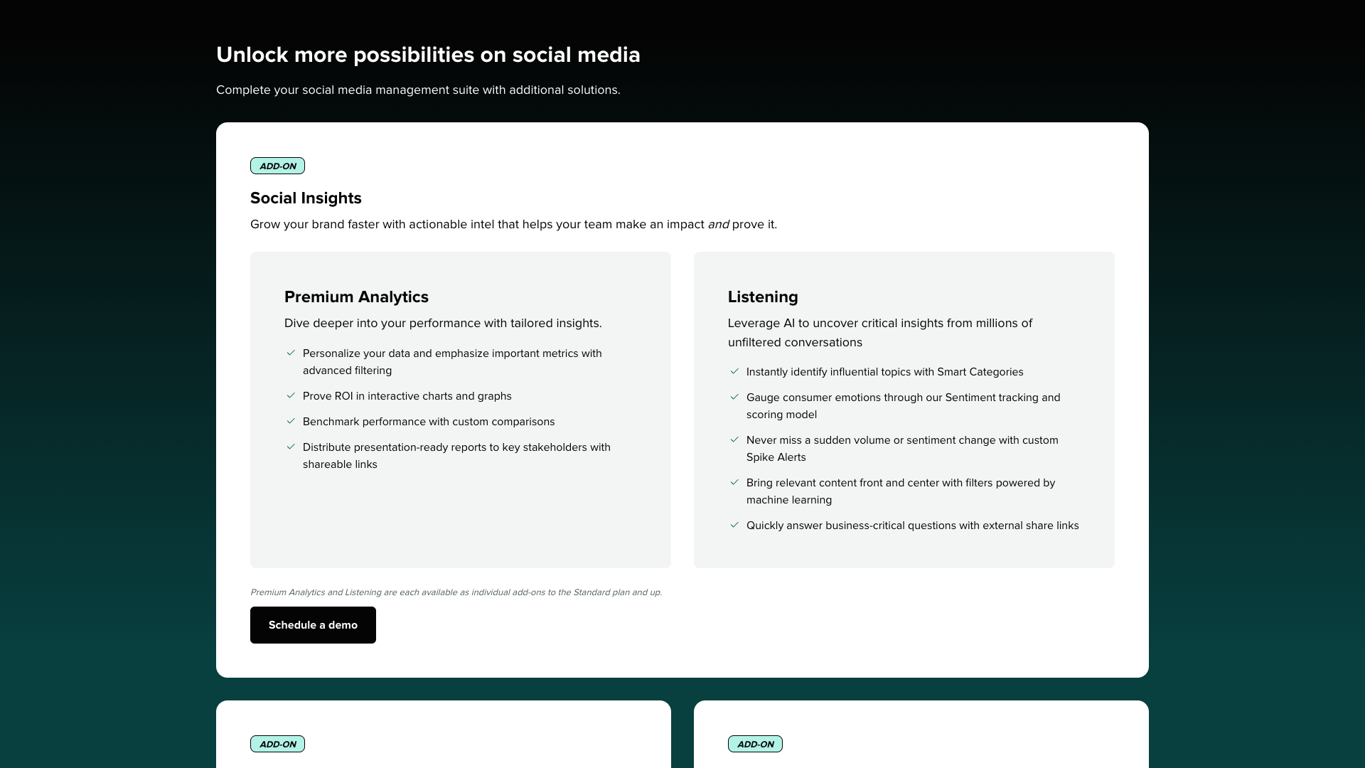 Pricing page highlighting premium analytics and social insights