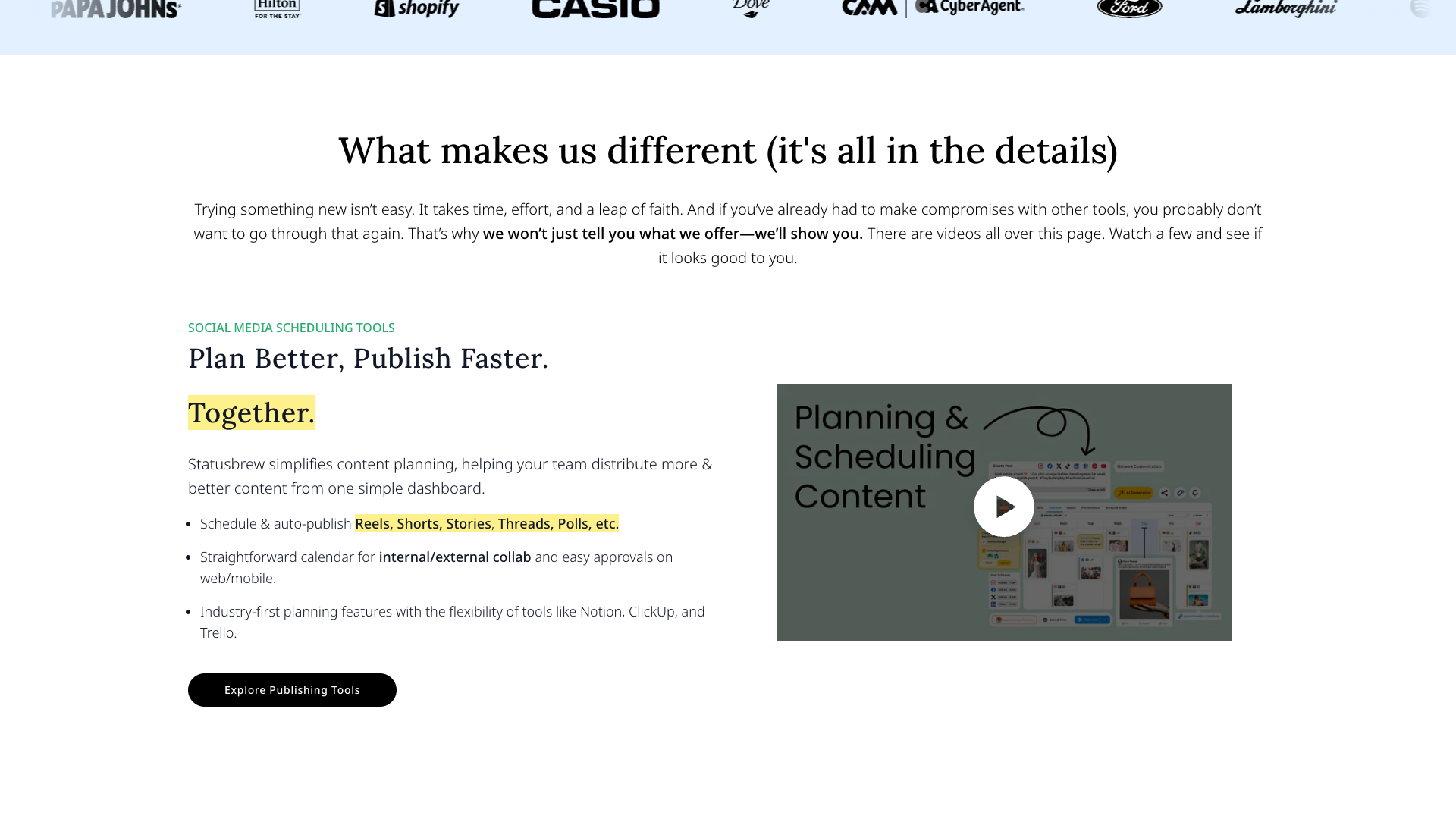 Features section on homepage highlighting social media management capabilities