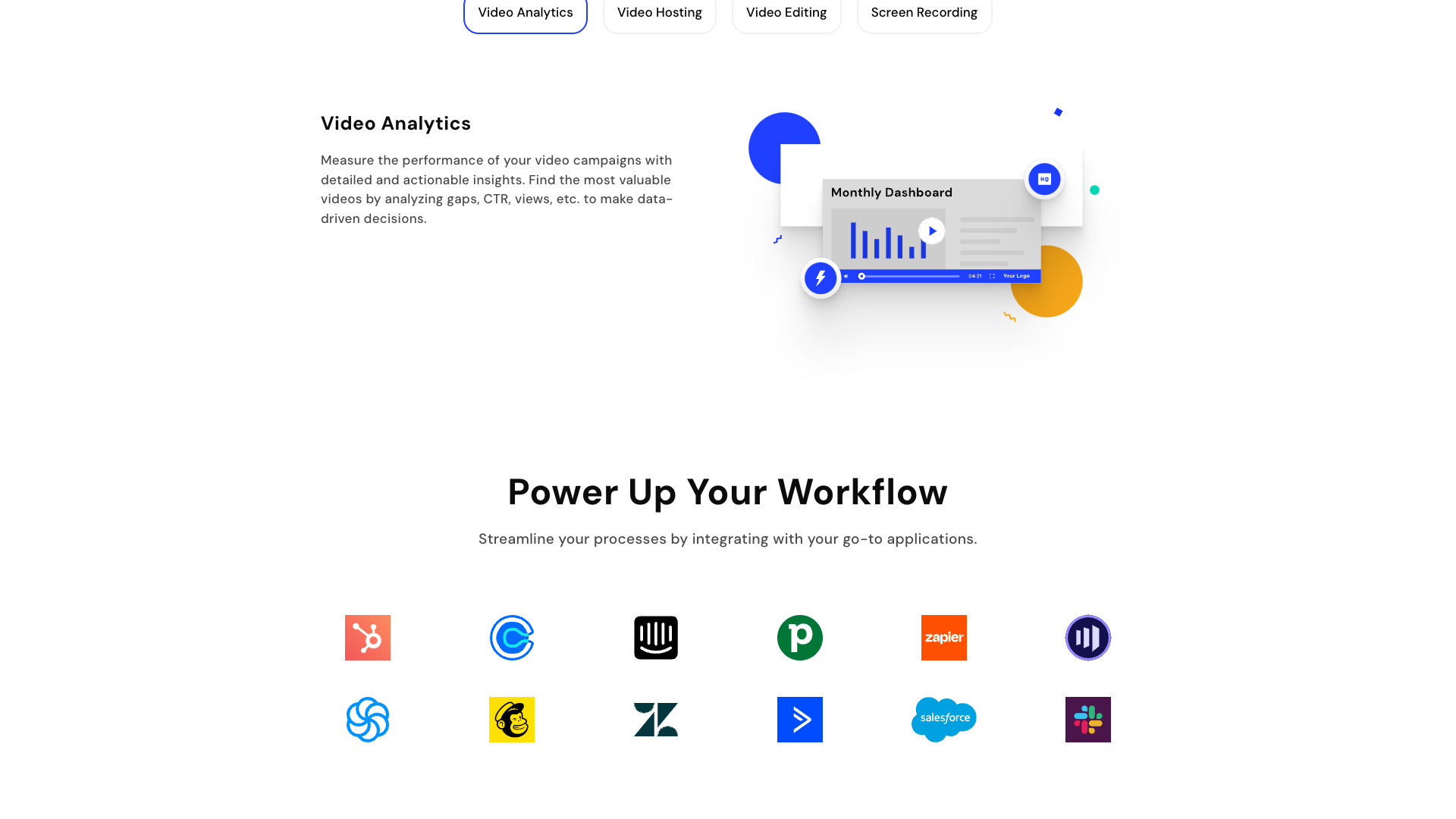 Analytics and integrations section on homepage