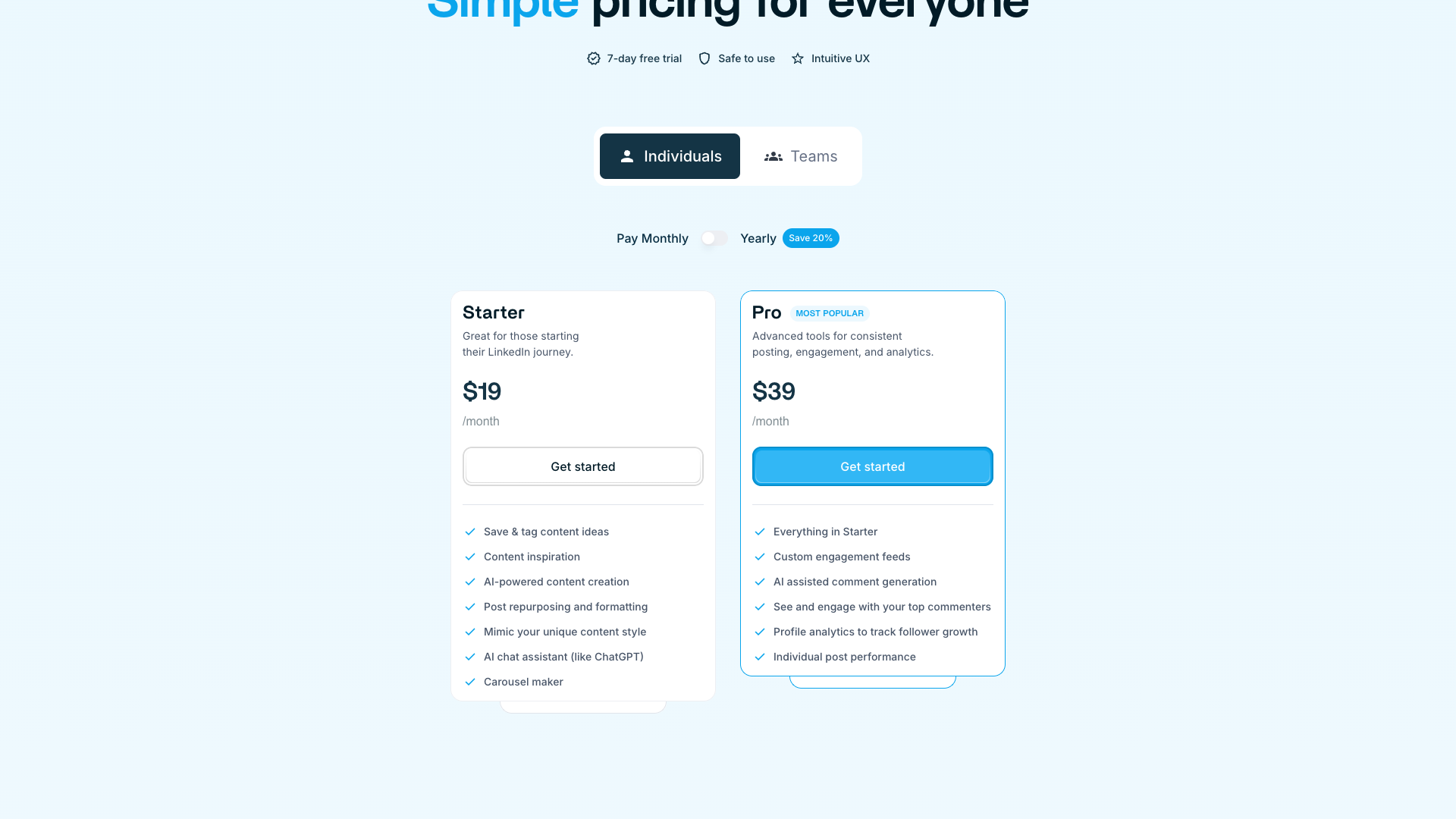 Pricing page showing different subscription plans for Supergrow