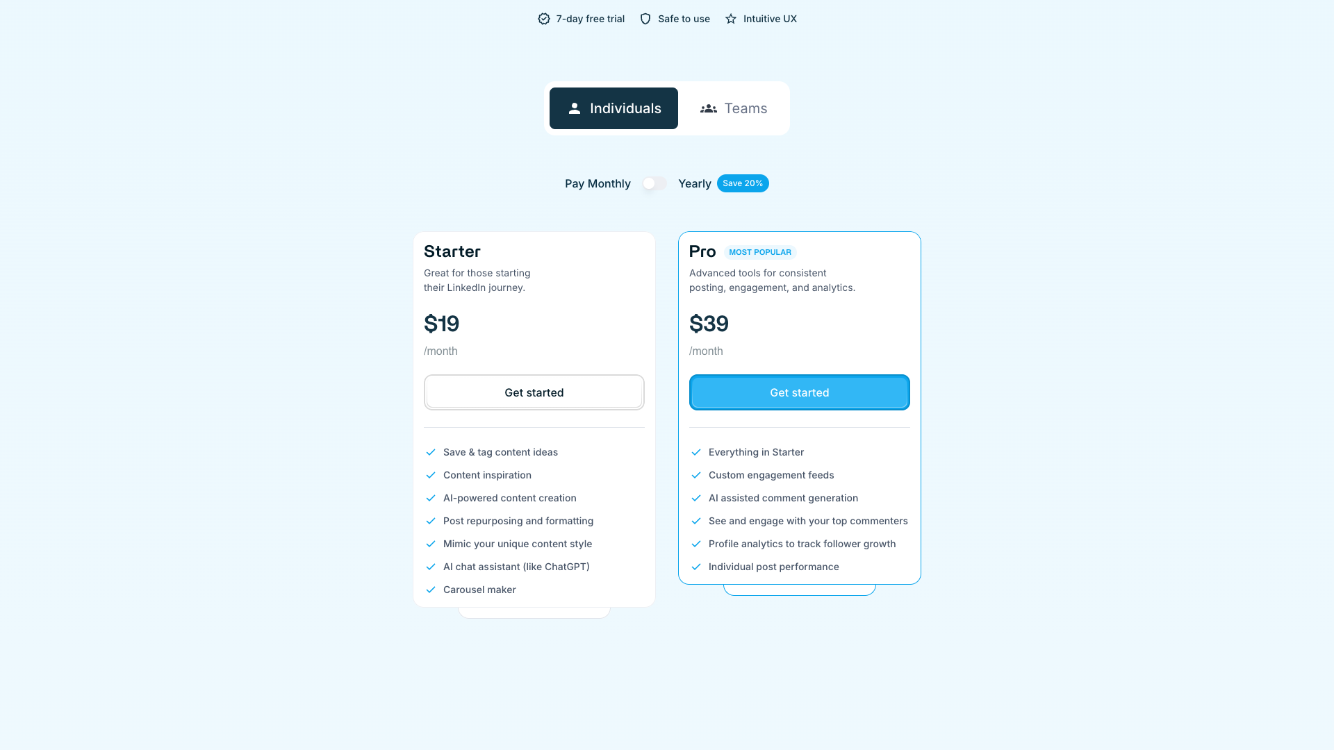 Pricing page showing Starter and Pro plans