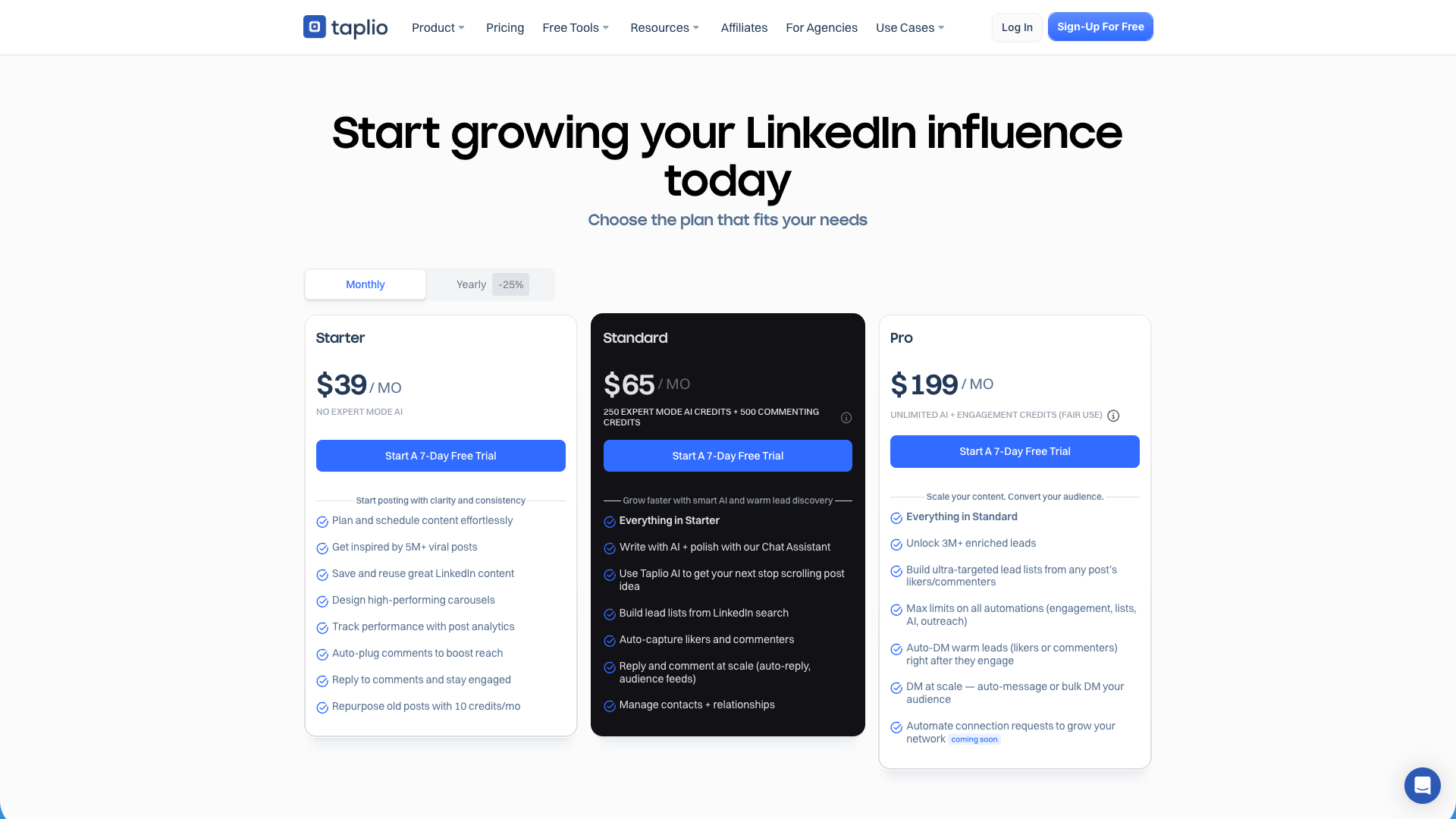 Pricing page showing different plans