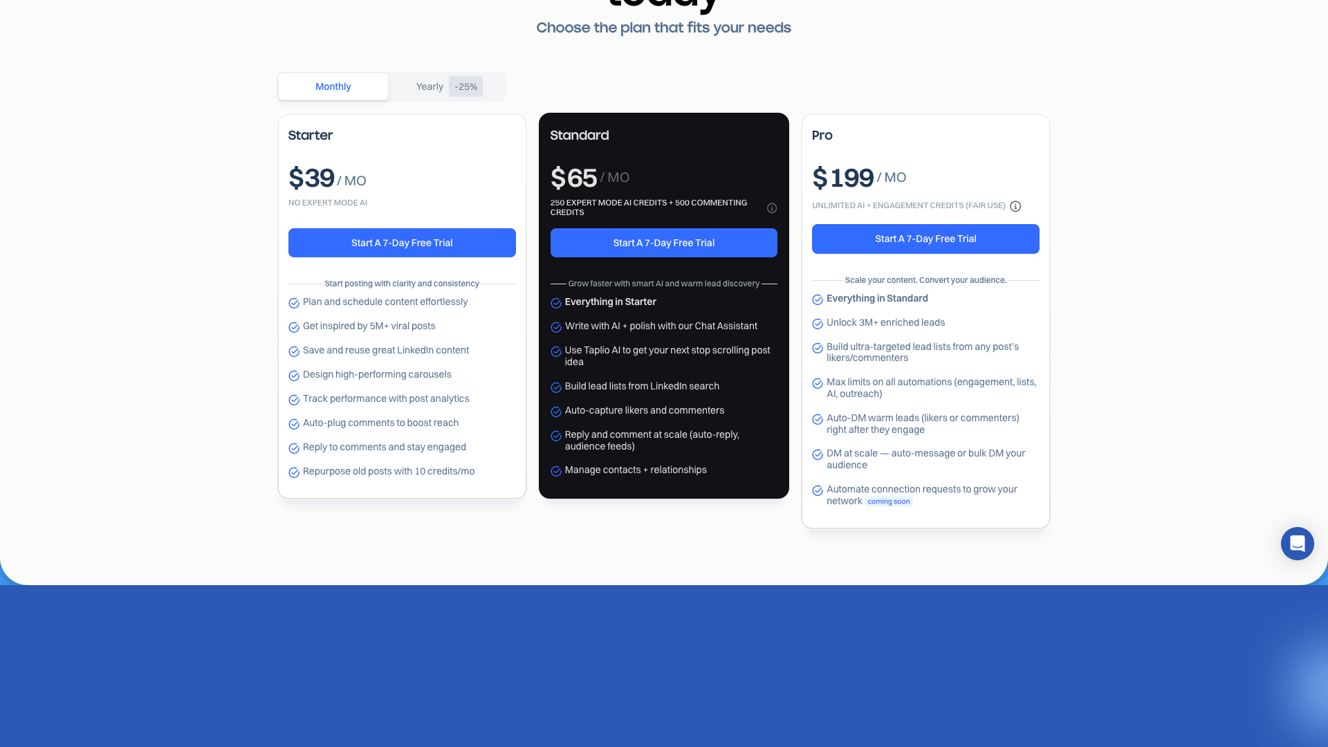 Pricing table showing plans