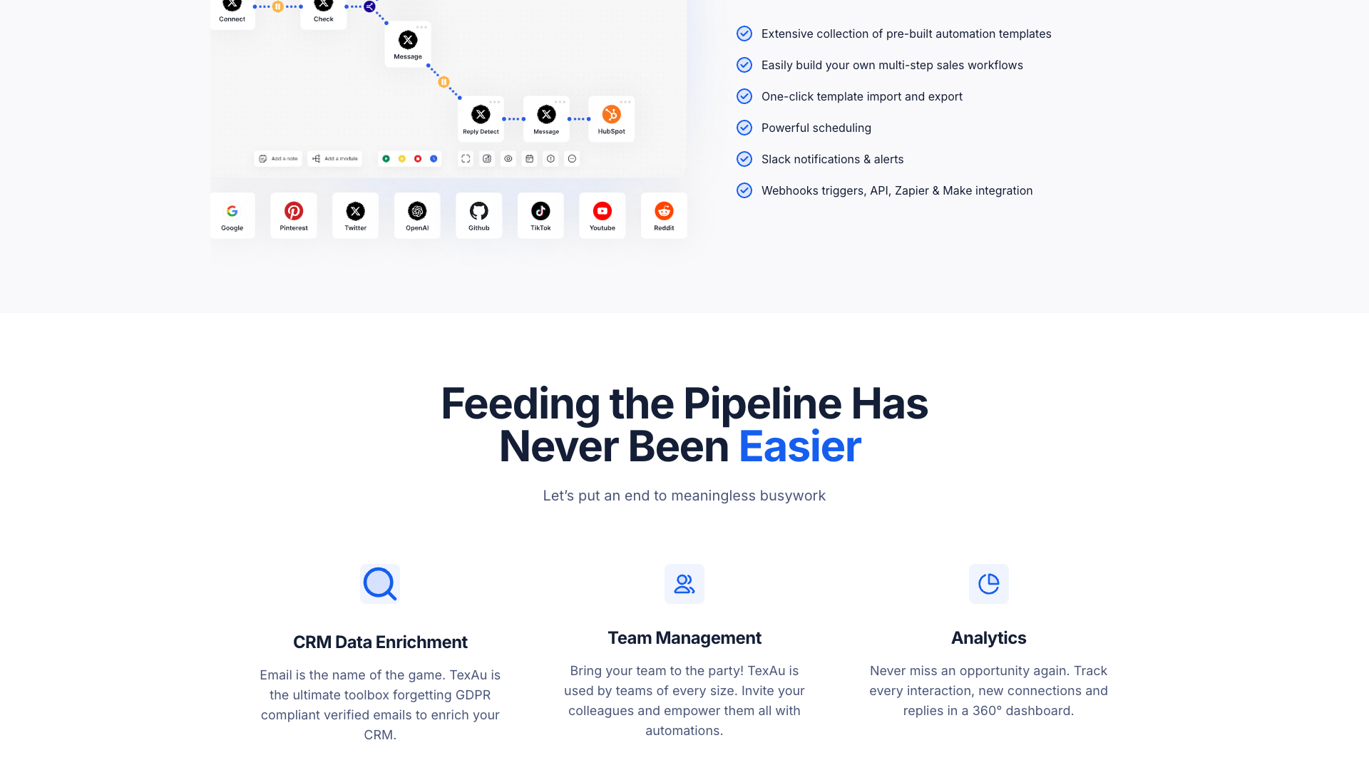 Features section on homepage highlighting automation capabilities