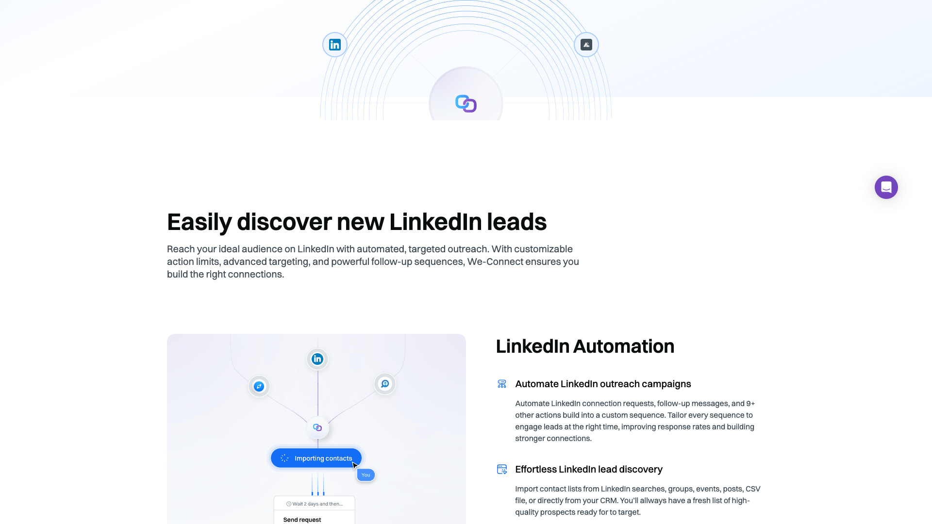 Features page detailing We-Connect's capabilities