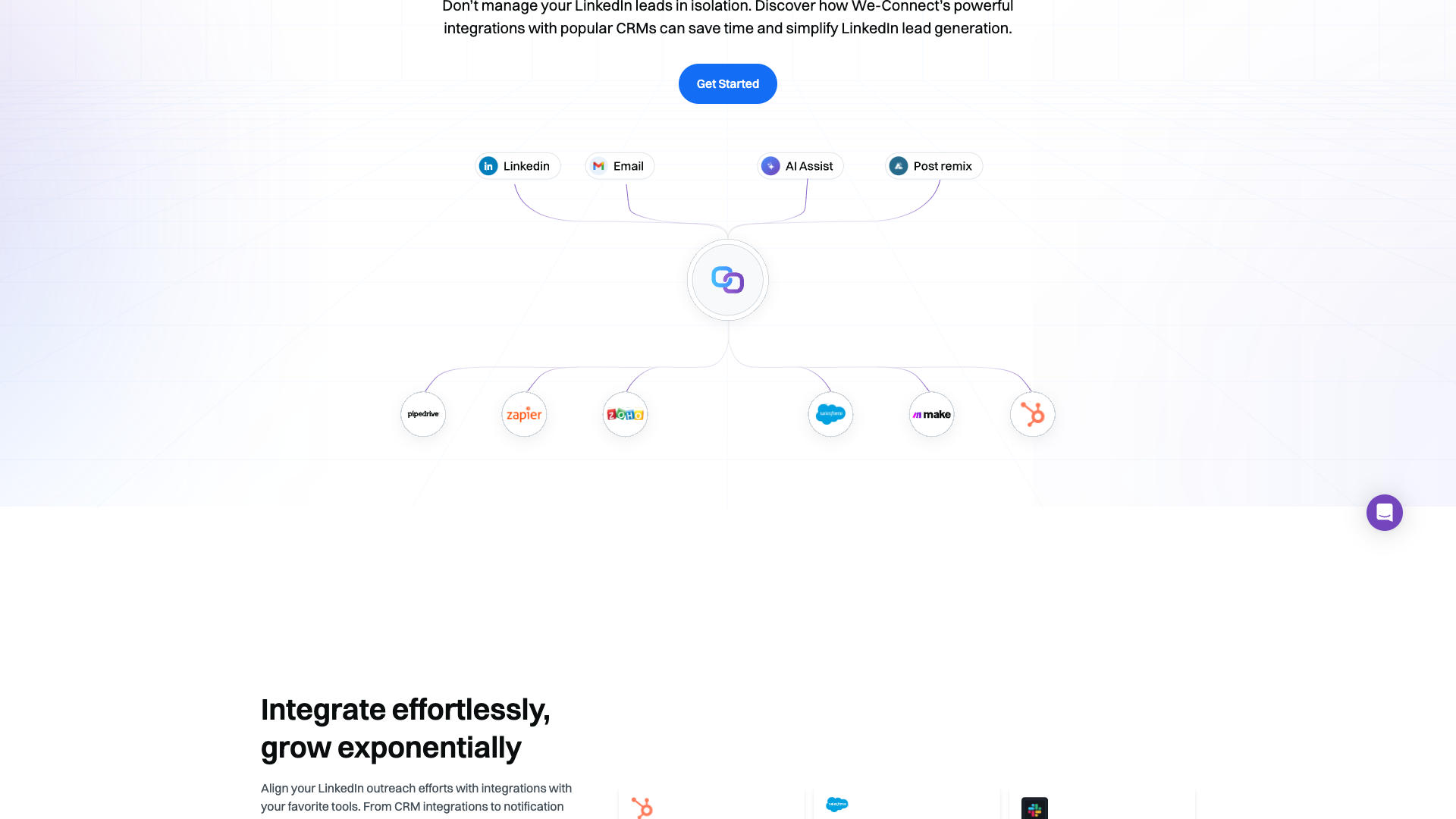 Integrations page showcasing compatibility with major CRMs and Slack