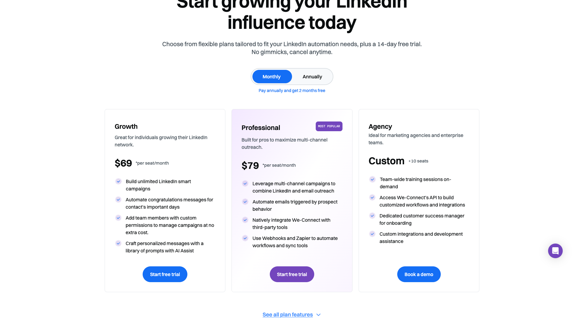 Pricing page showing plans for We-Connect