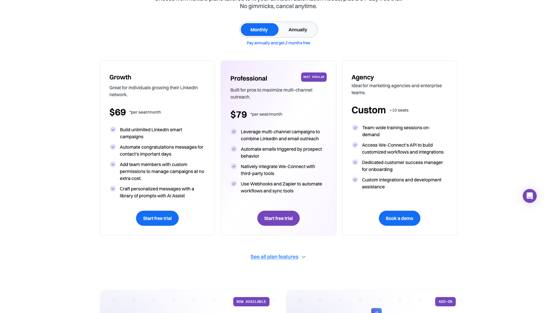 Pricing table showing plans