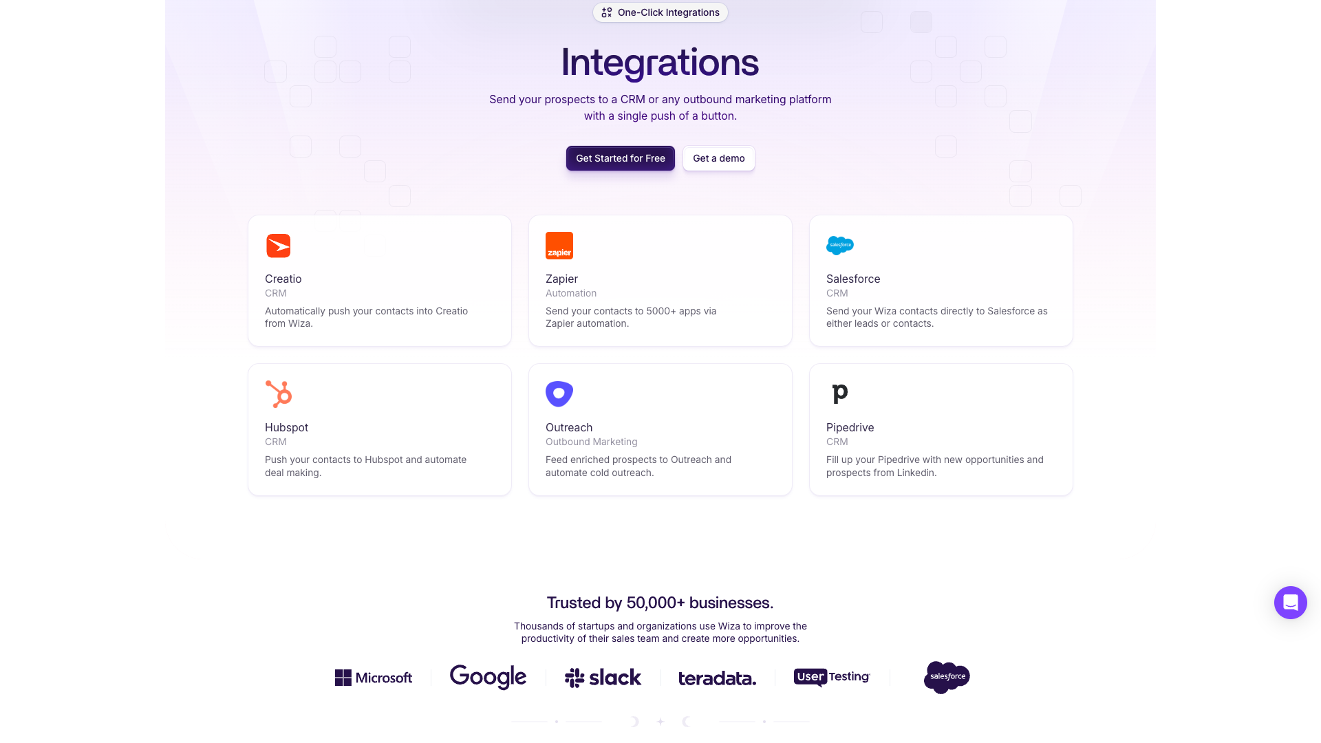 Integrations page showing one-click integrations with various tools