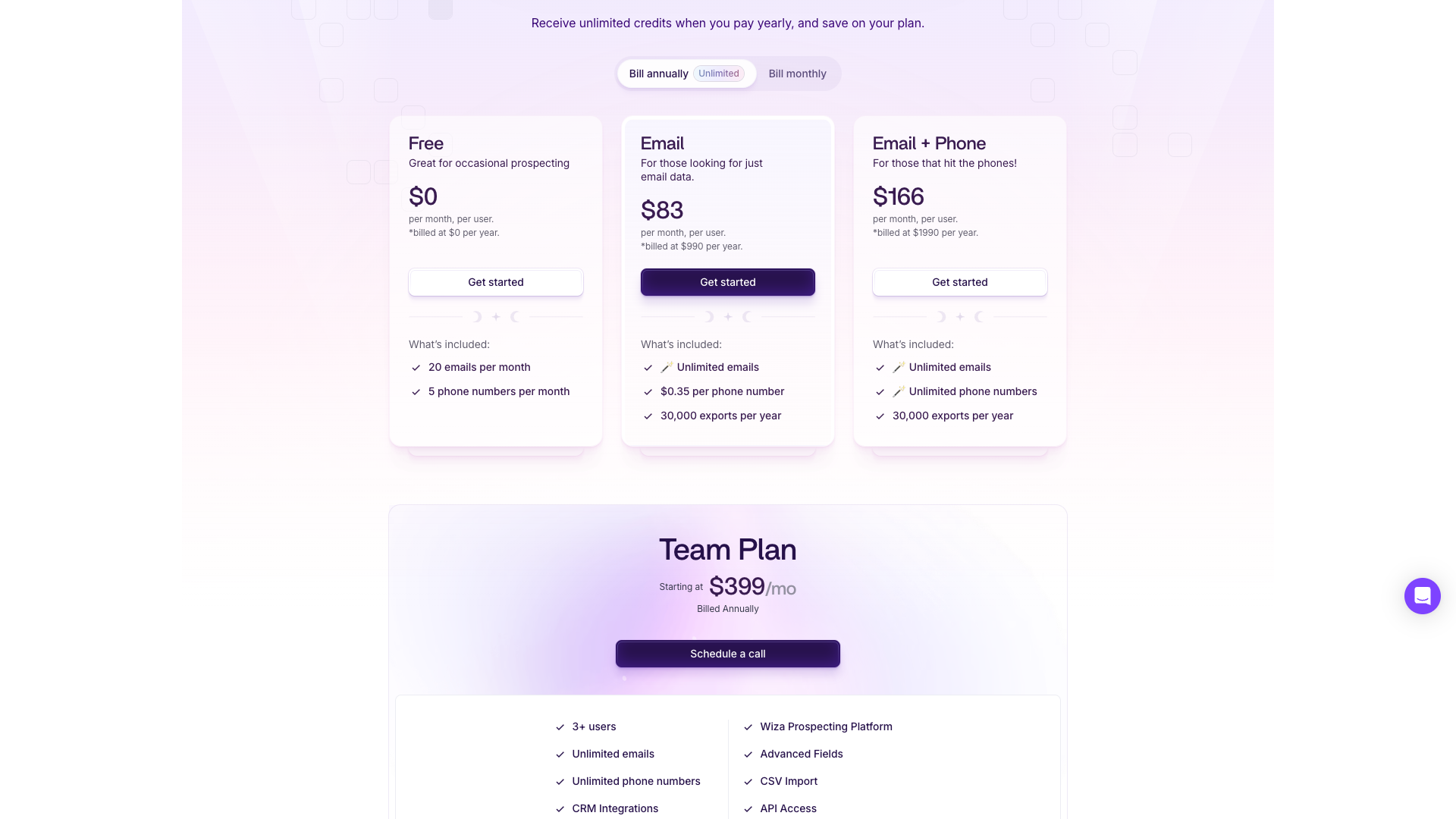 Pricing page displaying different plans and features