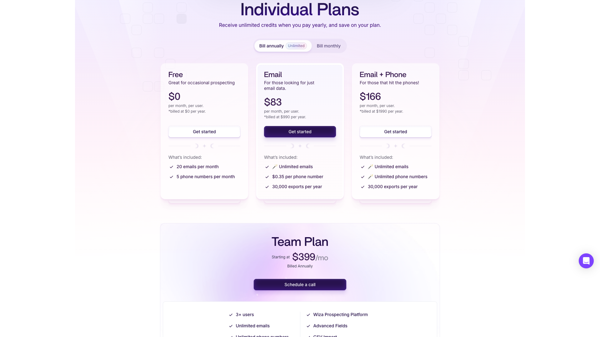 Pricing page showing competitive pricing options for Wiza
