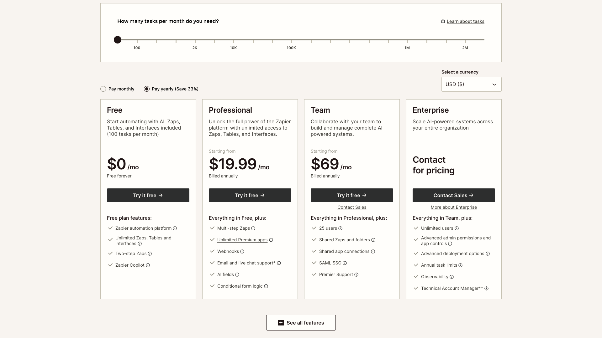Pricing table showing plans