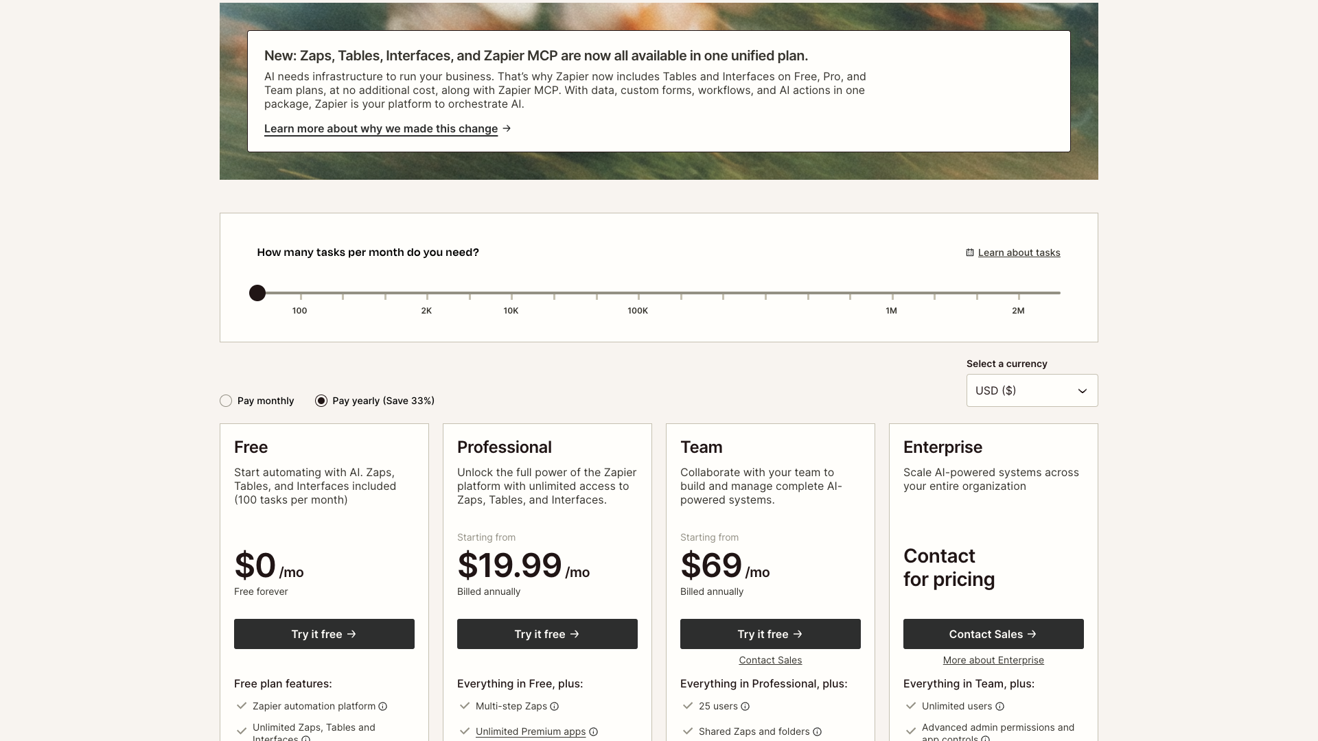 Pricing table showing plans