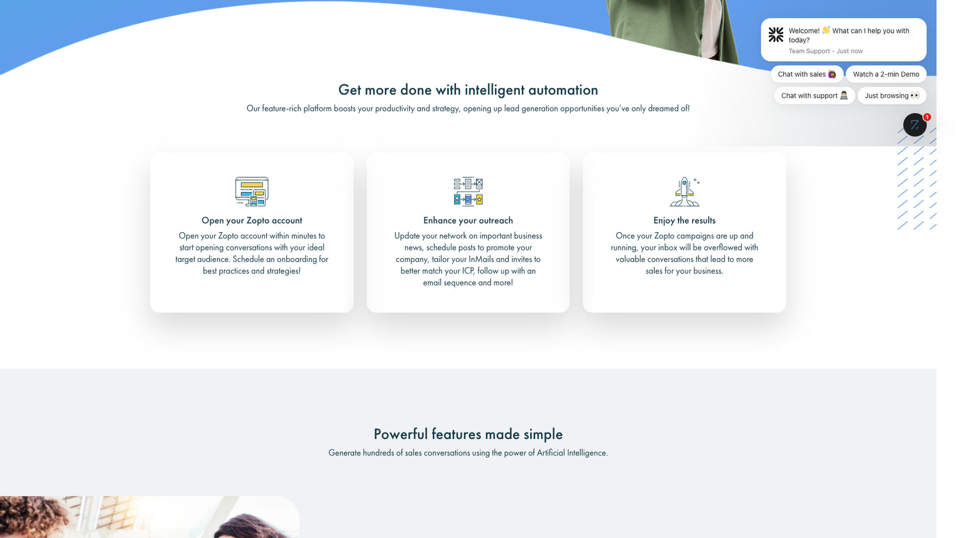 AI assistant section on homepage showcasing Zhoo's capabilities