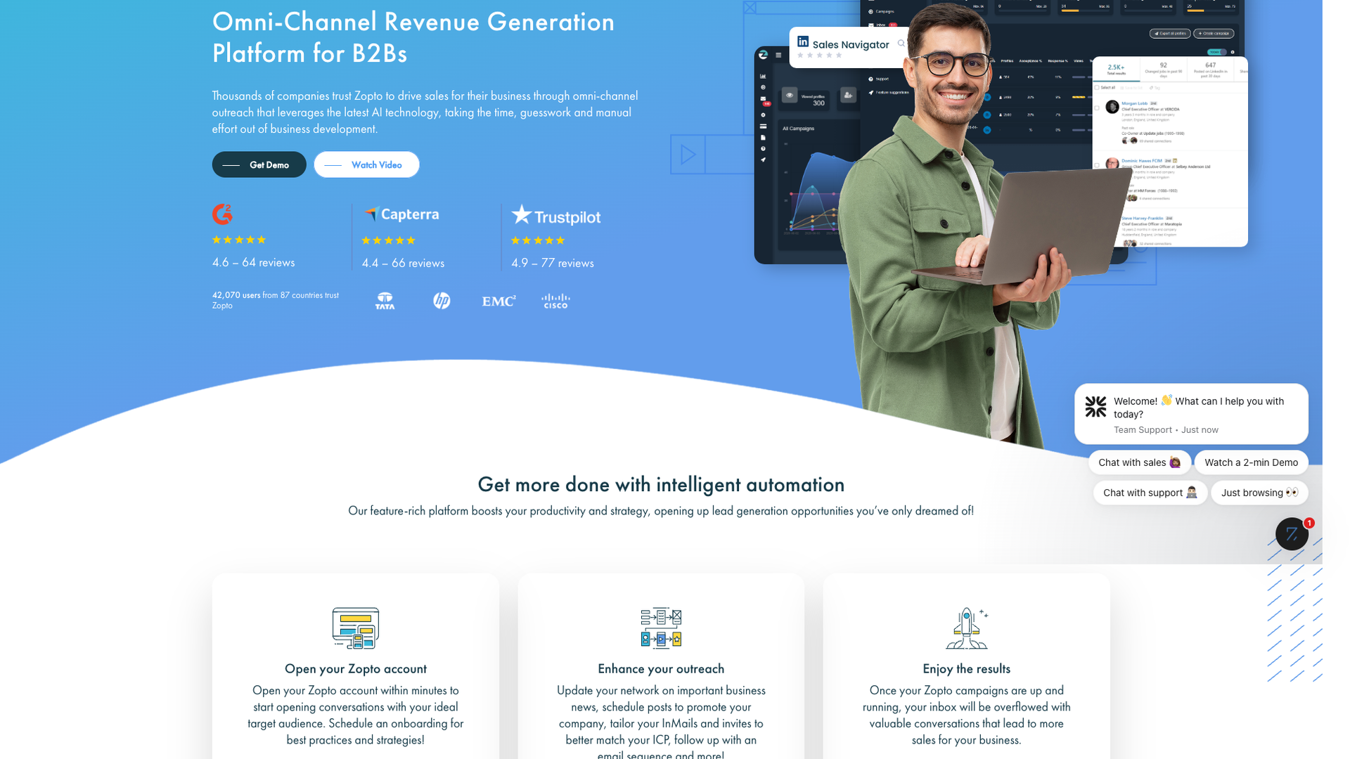 Features section on homepage highlighting Zopto's capabilities