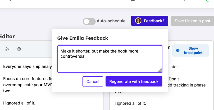 Give Emilia feedback to refine your LinkedIn posts